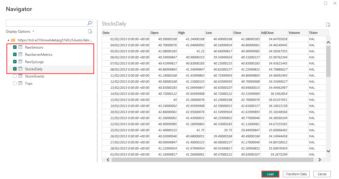 Screenshot of the navigator pane showing the selected tables for connection.