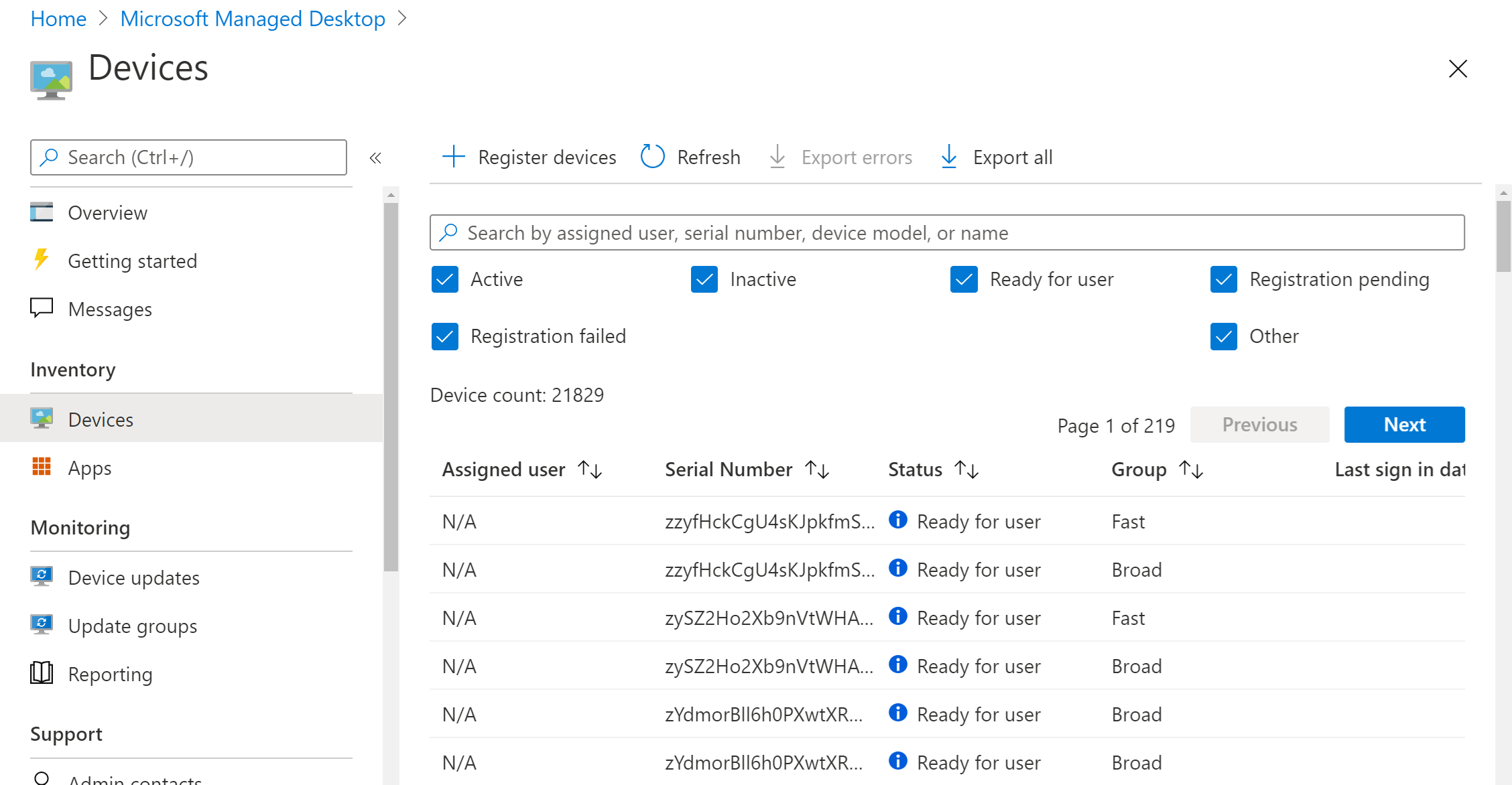 Devices view showing list of devices and related details. Check boxes near the top select filters for activity, registration status. Above that is a search box. Tabs at the top for registering new devices, refreshing the view, exporting errors, and exporting the data.