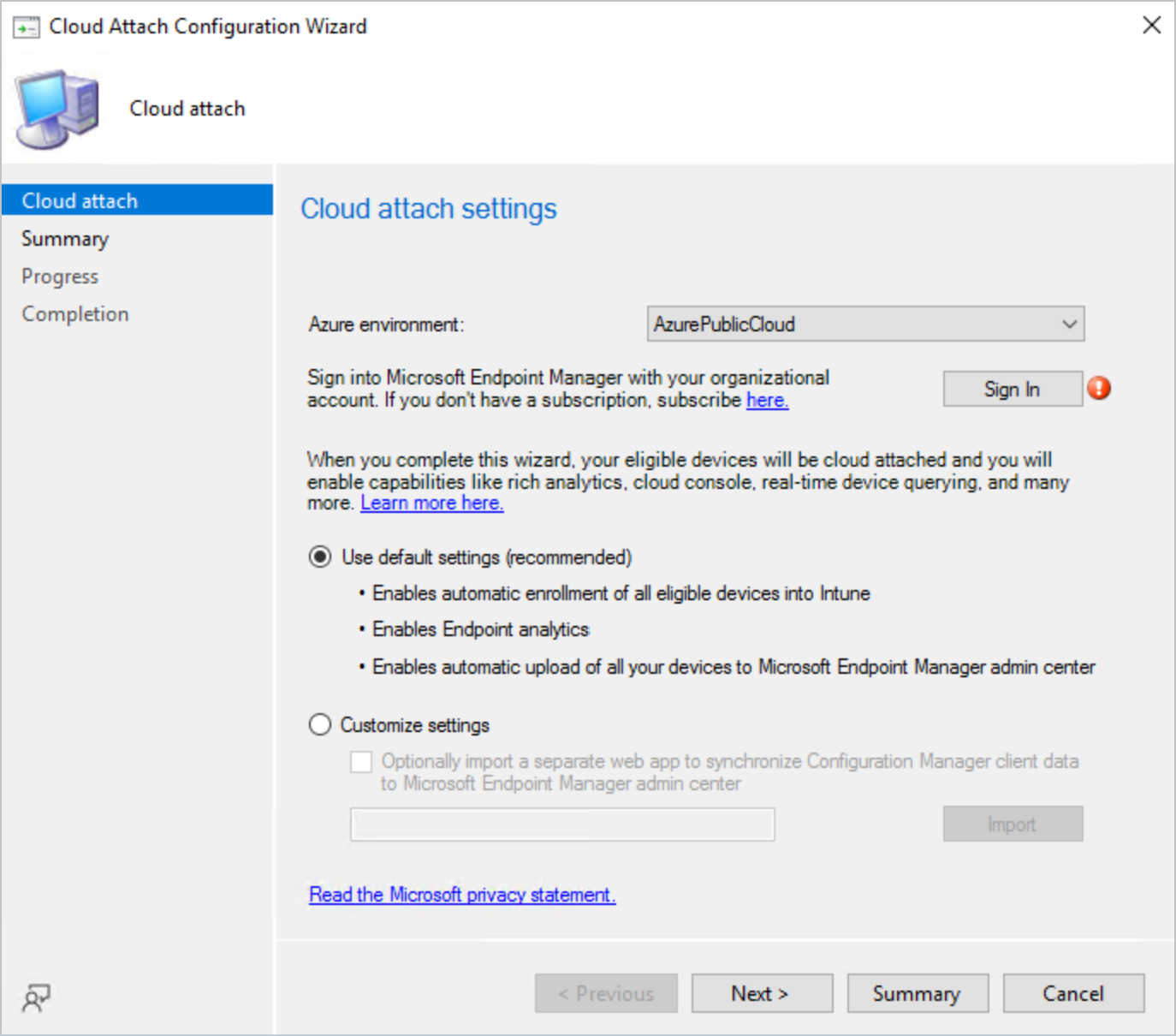 Screenshot of the cloud attach configuration wizard