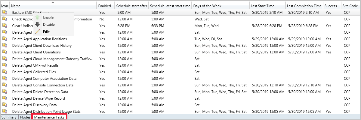 Tab for maintenance tasks in the detail view of a site server