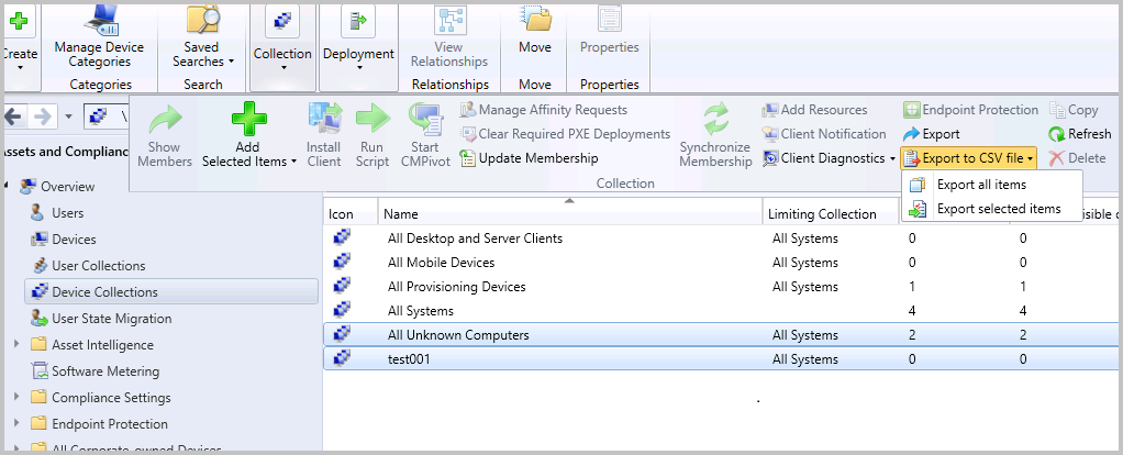 Screenshot of the export to csv option in the ribbon of the device collections node.