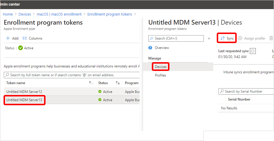 Screenshot of Enrollment program token area in the admin center, highlighting the example token, "Devices" link, and "Sync" button.