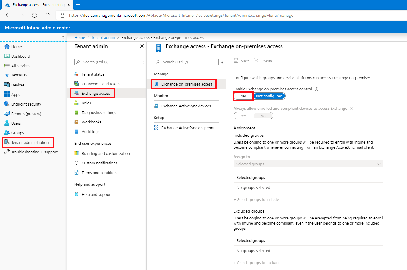 Example screenshot of the Exchange on-premises access screen