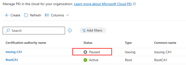 Example screenshot highlighting the Status column in the table of CAs.