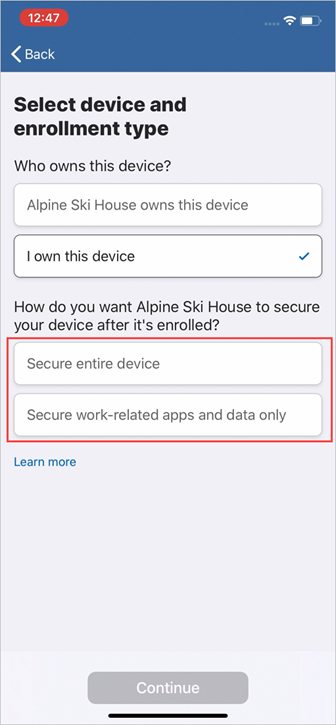 Example screenshot of Company Portal, "Select device and enrollment type" screen, enrollment type options.