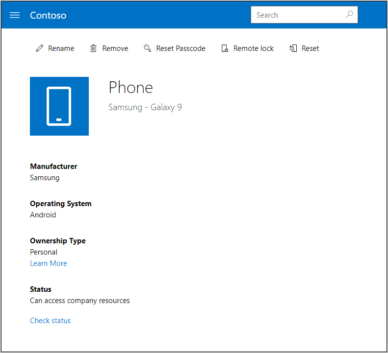 Device details page for a selected device on the Company Portal website, with a list of links at the top showing Rename, Remove, Reset Device, Reset Passcode, and Remote Lock. 