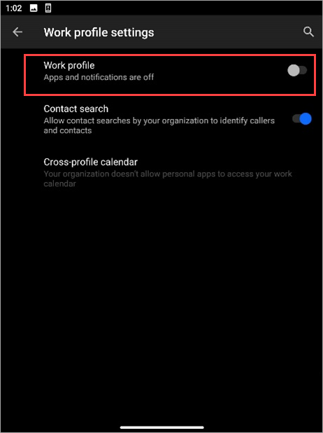 Screenshot of Work profile toggle switch turned off in Surface Duo device settings.