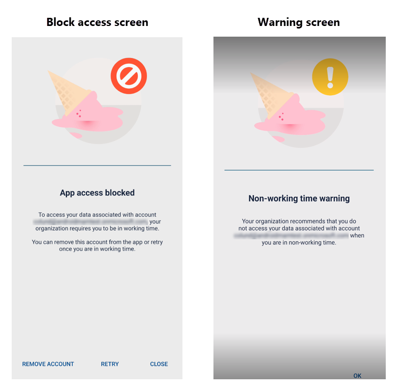 Screenshot of the block access screen and the warning screen.