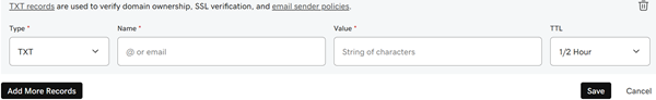 Fill in the values from the table for the domain verification TXT record.