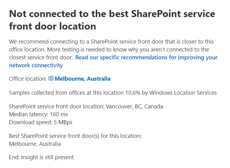 Screenshot of a summary view for a nonoptimal SPO front door usage.