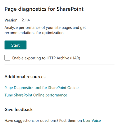 Page Diagnostics tool Popup.