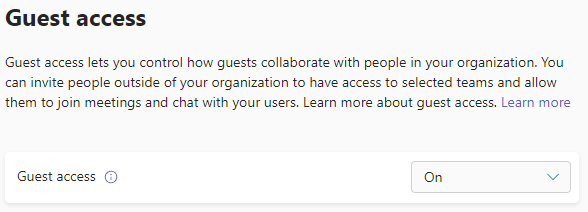 Screenshot of Teams guest access toggle.