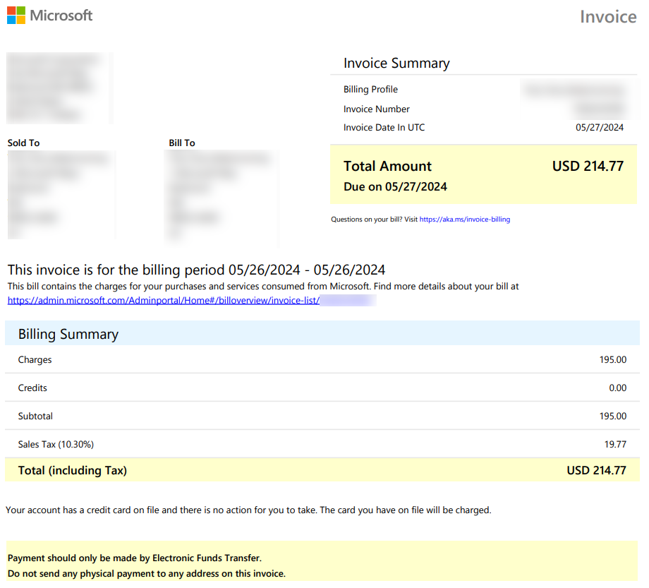 Page one of the invoice .PDF that shows the high-level information about your order