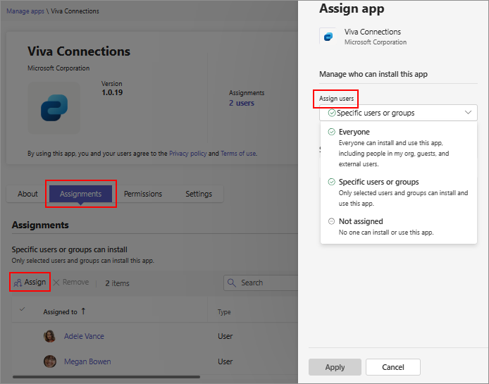 Screenshot showing how to define the app availability from the app details page.