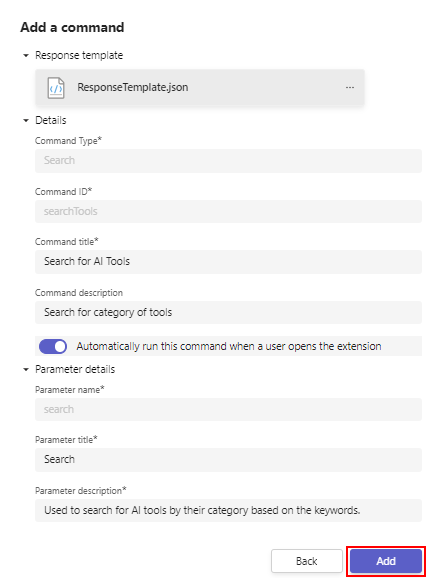 Screenshot shows the fields available in the command details page.