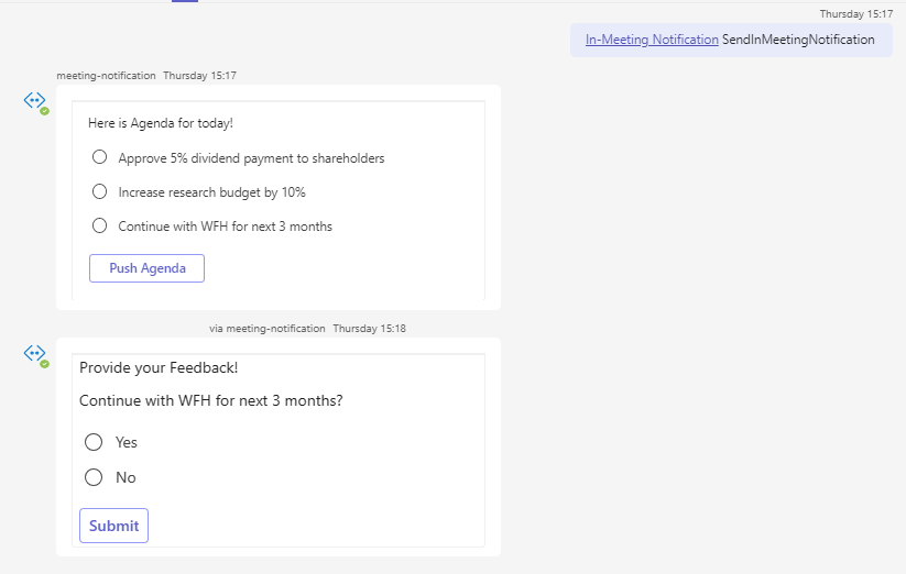 Screenshot shows the responses for the send in-meeting notification.