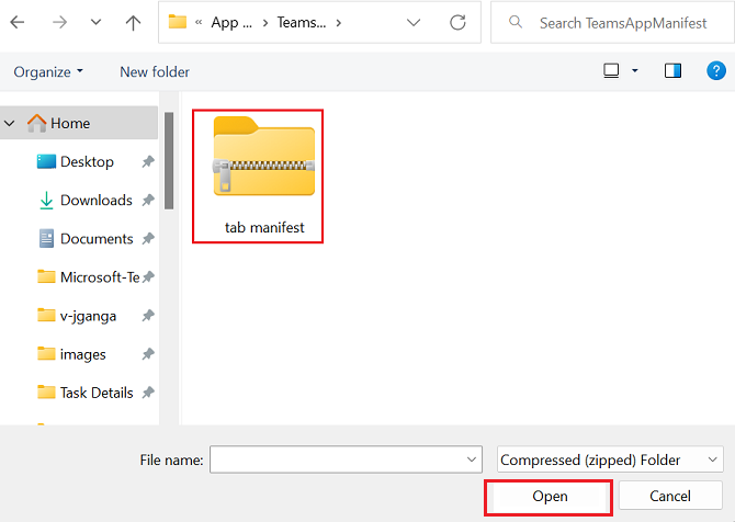 Screenshot of Manifest folder with Open option to upload the Teams Bot zip file highlighted in red.