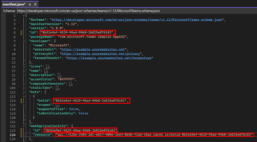 Screenshot of the manifest.json file with the values entered highlighted in red.