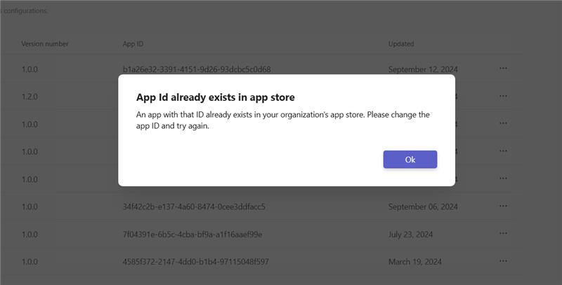 Screenshot shows an example of error message when you import an existing app in Teams Developer Portal.