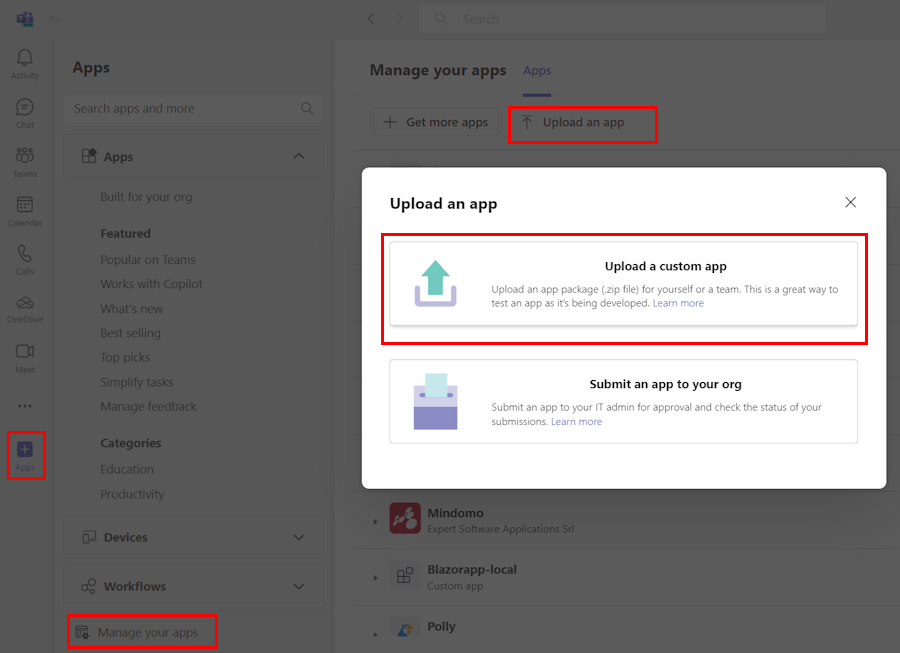 Screenshot shows the option to upload a custom app in Teams.