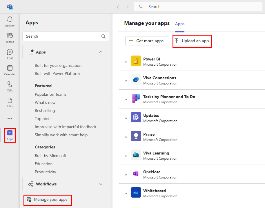 Screenshot shows the option to upload an app in Teams.