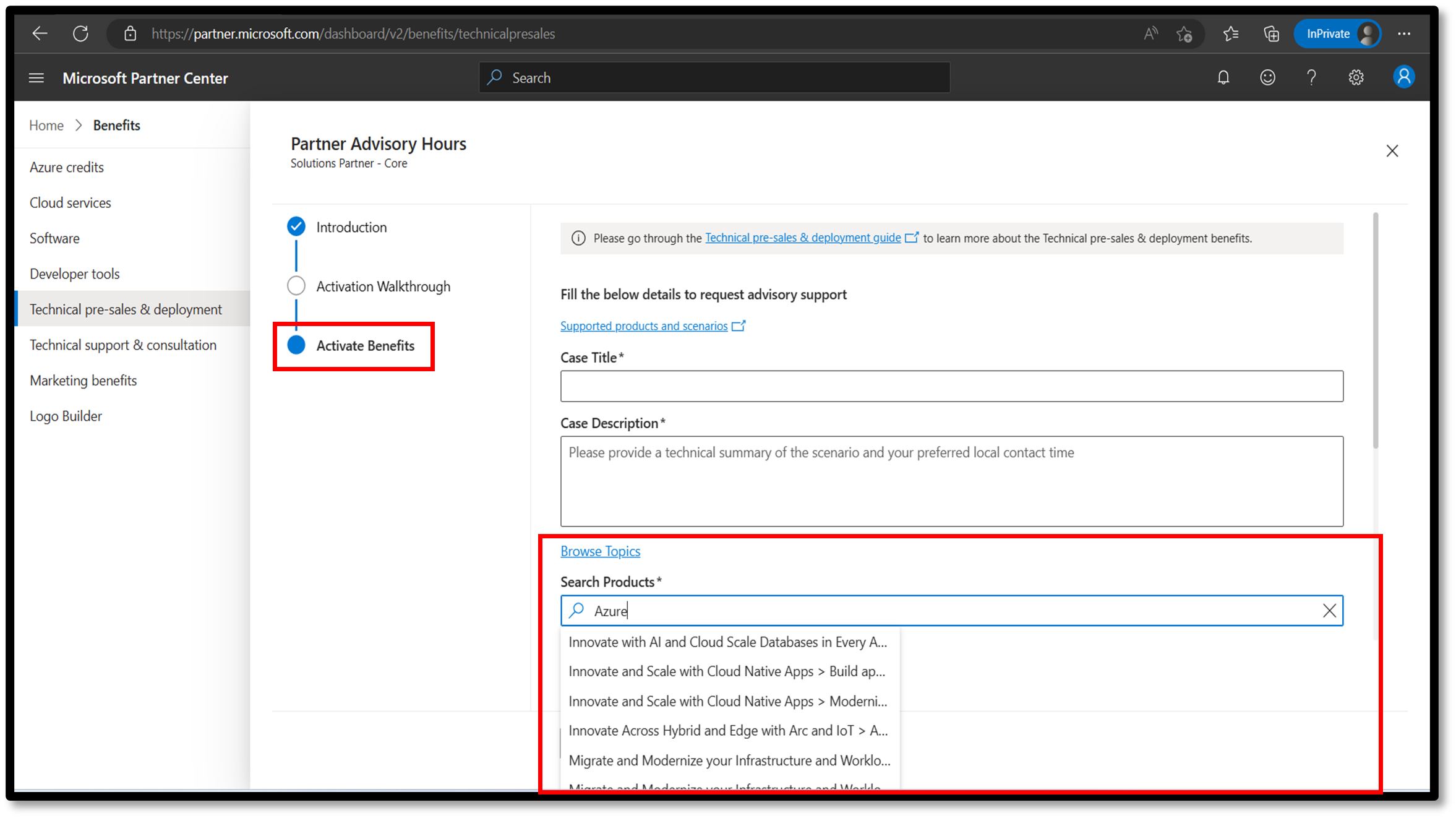 Screenshot of technical presales and deployment benefits Search products page.