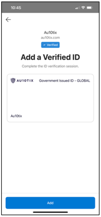 Screenshot of the Microsoft Authenticator page on a mobile device, with the text: Add a verified ID, and an Add button.