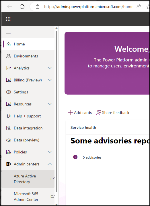 Microsoft Entra ID admin center from the Power Platform admin center