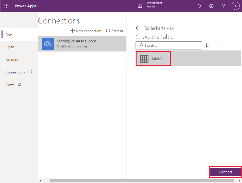 Connect to the Excel table.