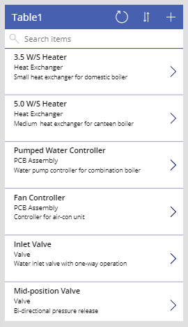 A list of items that show the name of a part, the category it's in, and a descriptive overview.