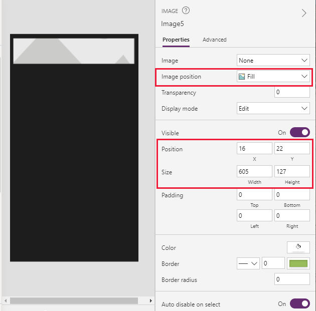 Set image size and position.