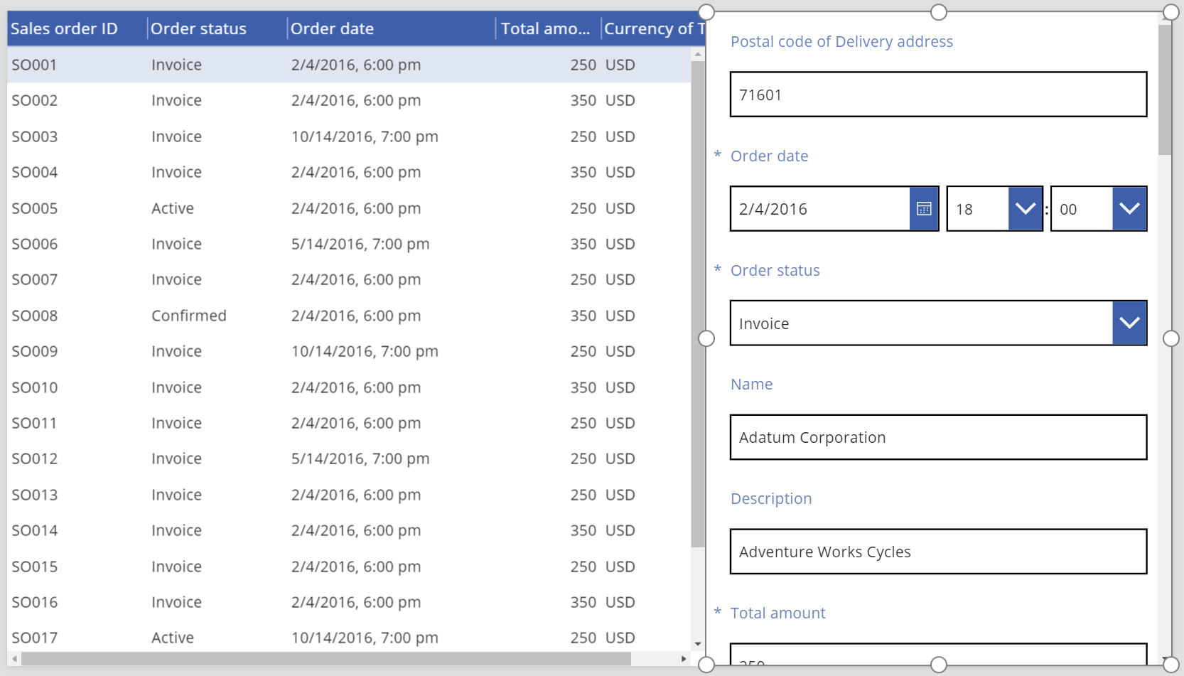 Edit form connected to the Data table.