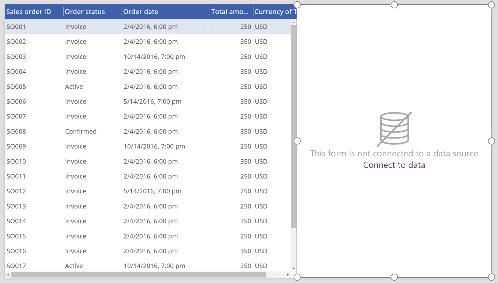 Data table and Edit form on the same screen.