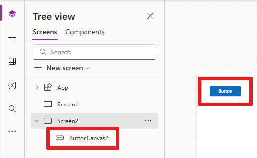 Screenshot that shows the new button on the canvas and the button control name in the list under Screen2.