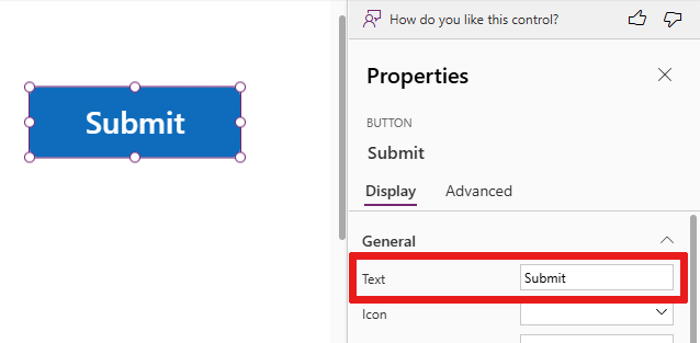 Screenshot that shows how to change the display text on a button control through the Properties pane.