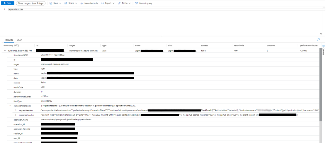 Sample event logged in the dependencies table.