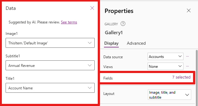 Screenshot that shows you where you can view the fields pane from the Properties pane.