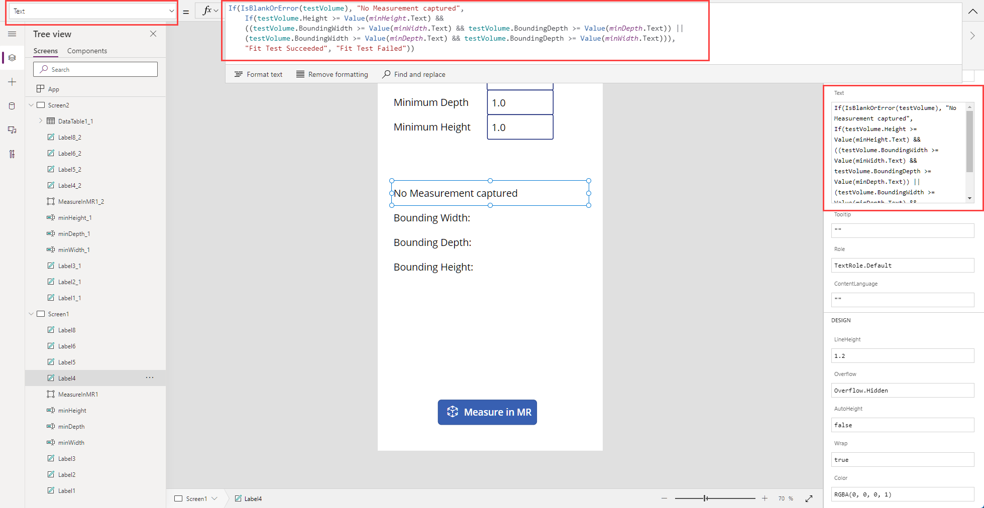 A screenshot of a text label control under construction in Microsoft Power Apps Studio, shown with its Text property in the formula bar and advanced properties tab.