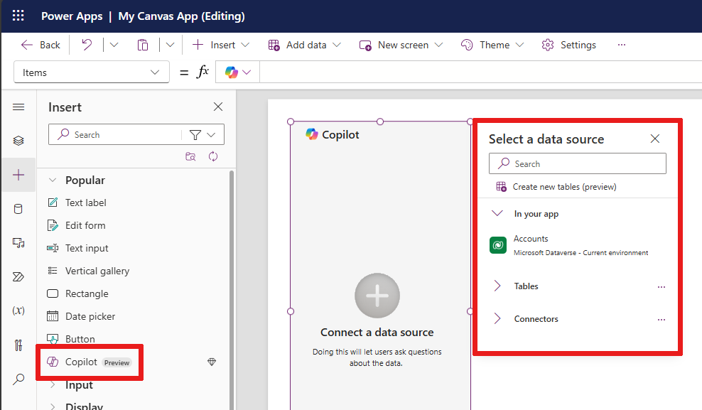 Screenshot of the Copilot control properties pane, with the Create new copilot button highlighted.