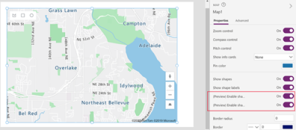 A screenshot of a map control's Properties pane, showing the Shape Drawing properties turned on.