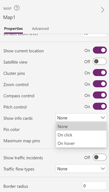 A screenshot of a map control's Properties pane with the Show info cards property open to show the On click and On hover options.