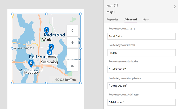 A screenshot of a map with pinned and labeled waypoints shown next to the map's properties.