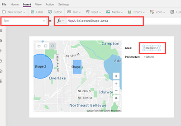 A screenshot of a shape selected on a map, next to two text labels that show the shape's area and perimeter.