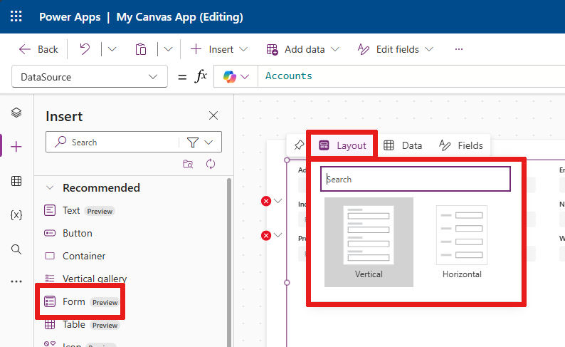 Screenshot that shows two different types of layouts: vertical and horizontal.