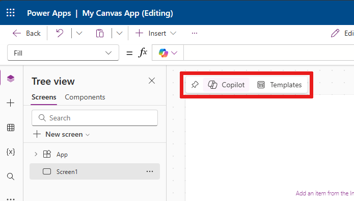 Screenshot that shows inline actions appearing on a blank canvas, when you hover over it.