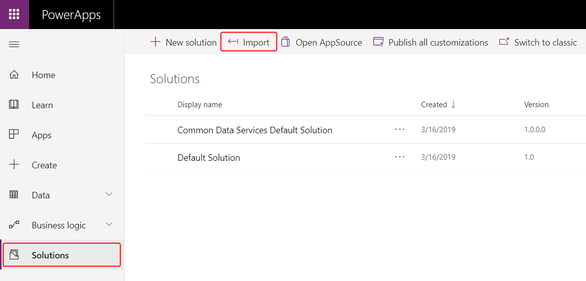 Solutions view and import-solution entry point.