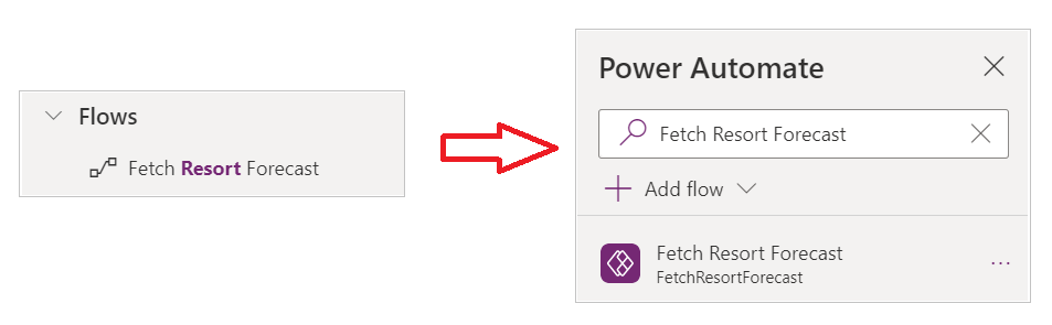 Flow selected from search results showing the relevant flow details.