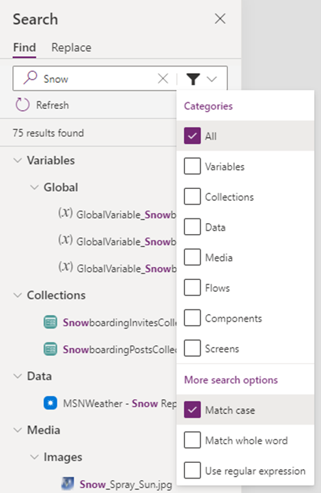 An example of matching the case for search results with results for the uppercase keyword.