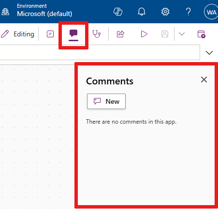 Screenshot that shows where the Comments app action is located and its menu where you can add a new comment.