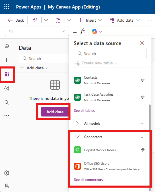 Screenshot that shows how to select a data source by choosing the Add data dropdown.